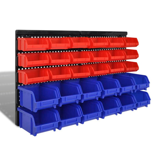 Wall Mounted Garage Plastic Storage Bin Set 30 pcs Blue & Red