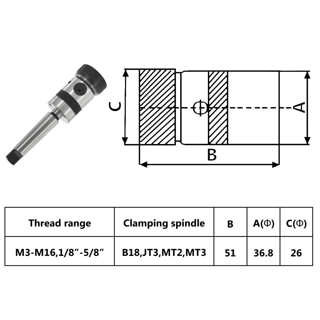 Tapping Chuck B18 with MT3 Shank for Internal Thread M3-M16