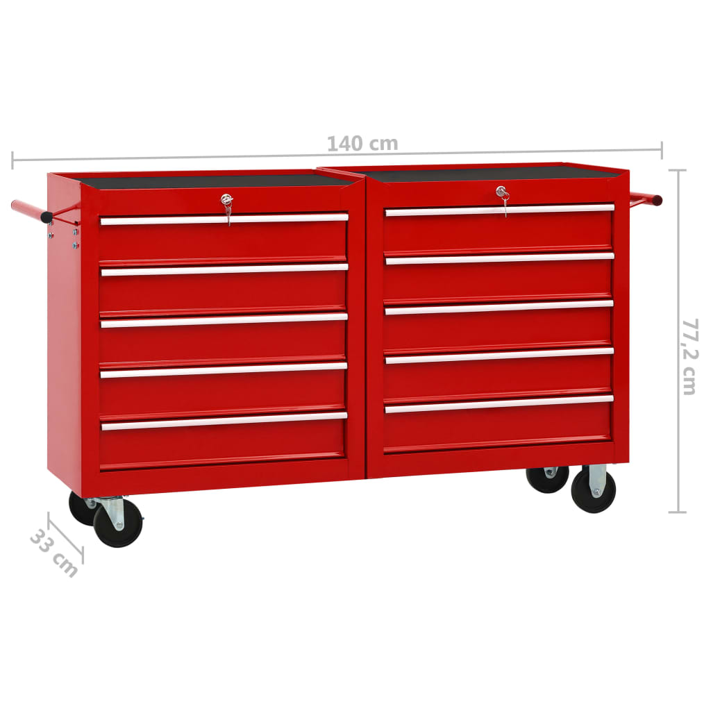 Tool Trolley with 10 Drawers Steel Red (147175+147176)