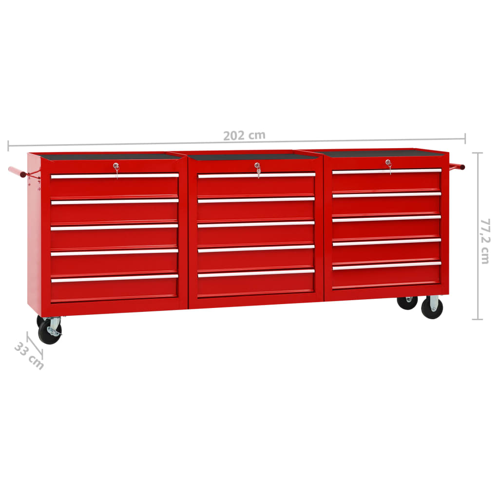 Tool Trolley with 15 Drawers Steel Red (147175+2x147176)