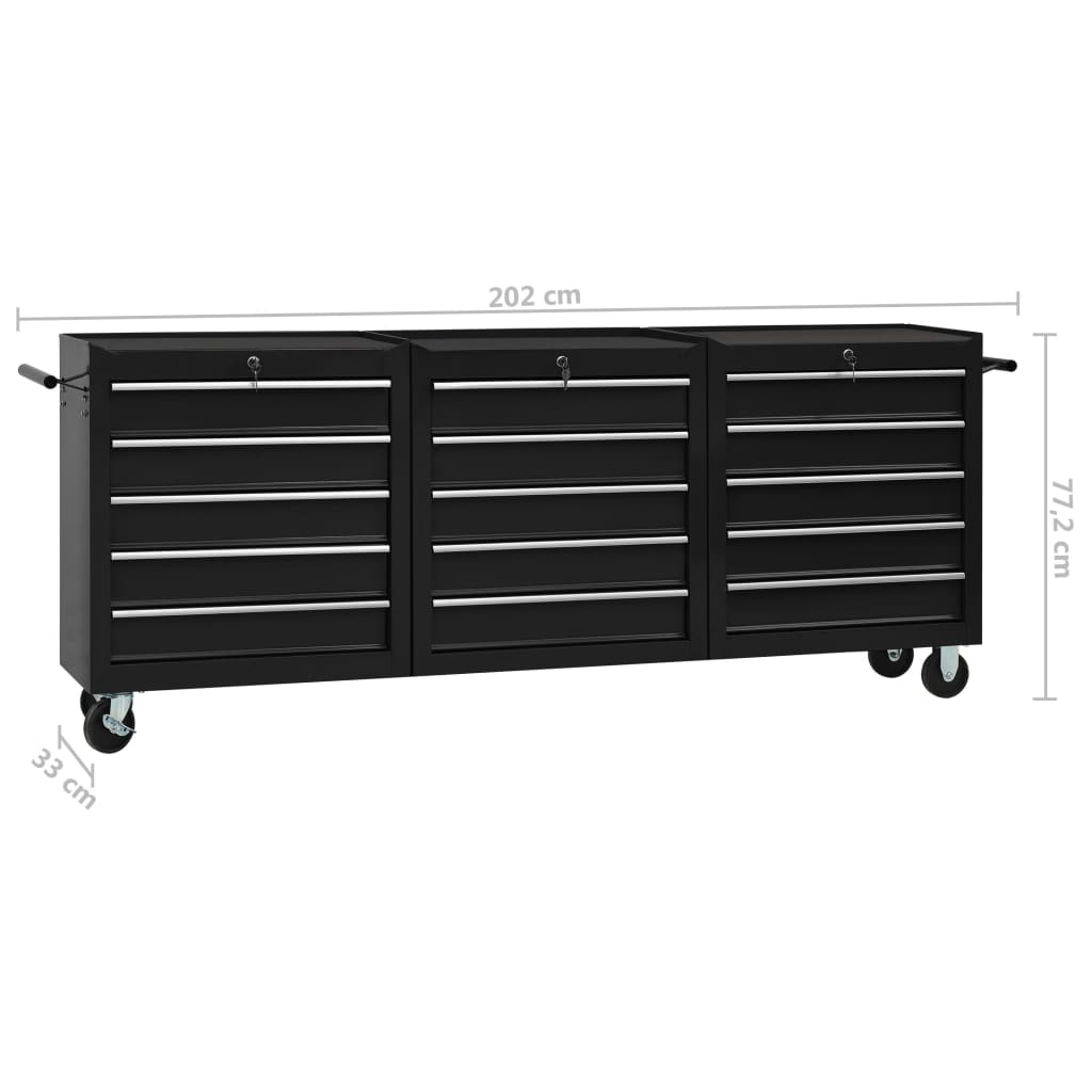 Tool Trolley with 15 Drawers Steel Black (147183+2x147184)