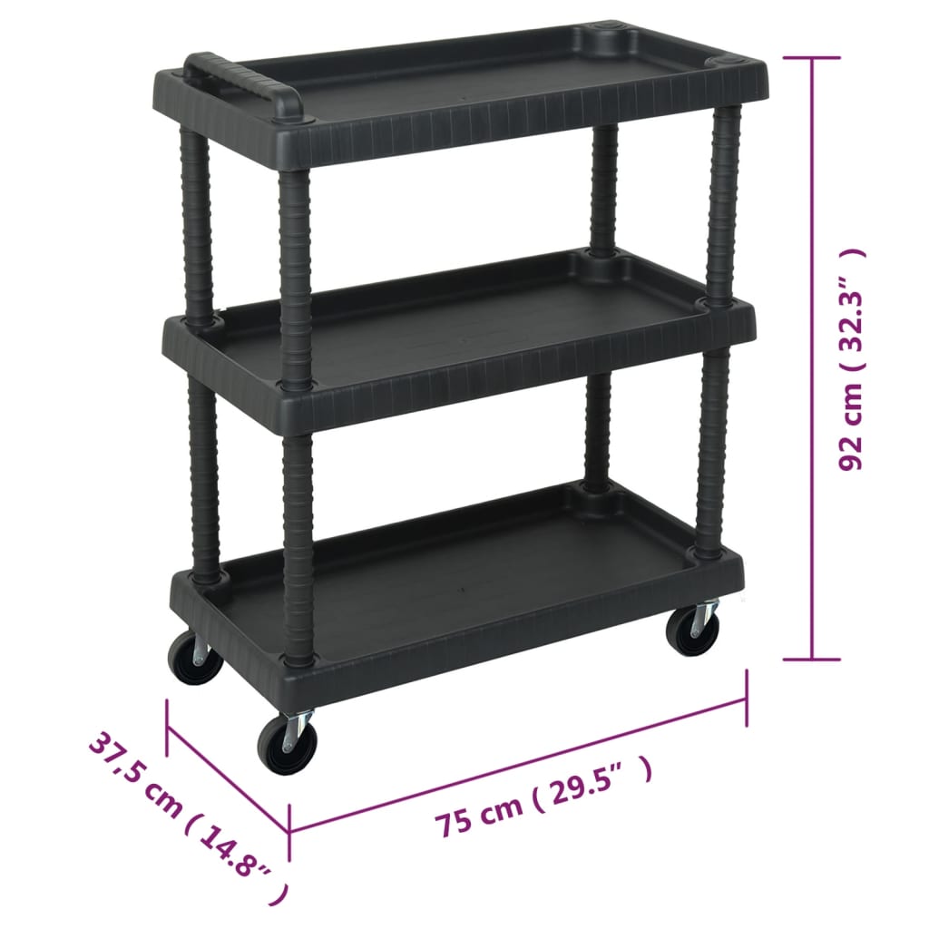 3-Tier Workshop Tool Trolley Black 75x37.5x92 cm PP