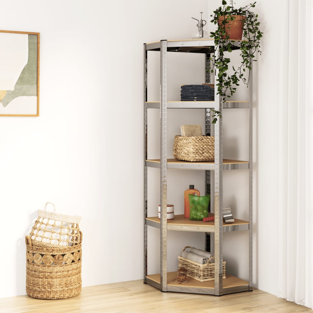 5-Layer Corner Shelf Silver Steel&Engineered Wood