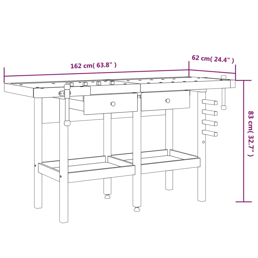 Workbench with Drawers and Vices 162x62x83 cm Solid Wood Acacia