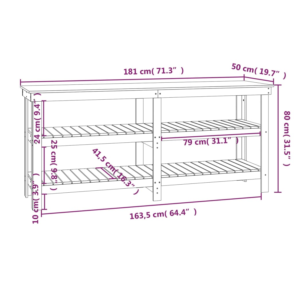 Work Bench Grey 181x50x80 cm Solid Wood Pine