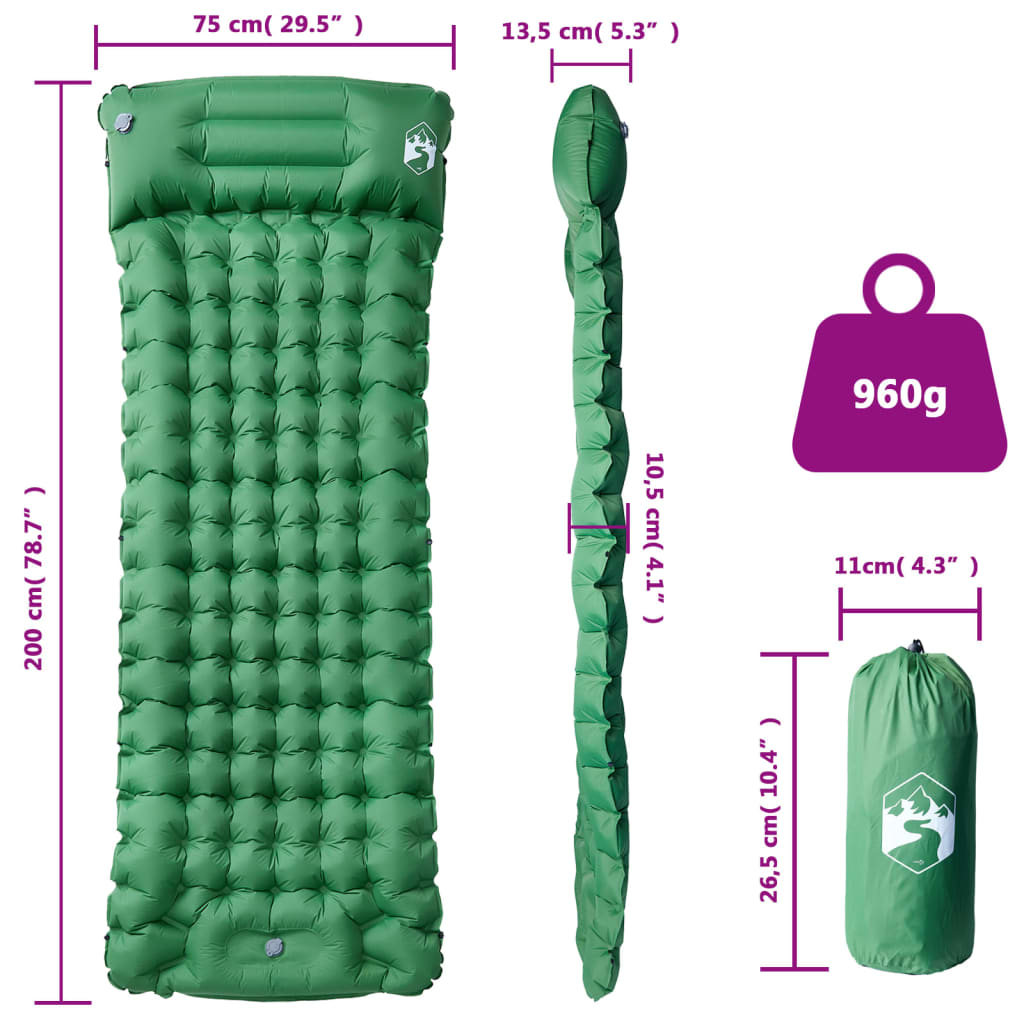 Self Inflating Camping Mattress with Pillow 1-Person Green