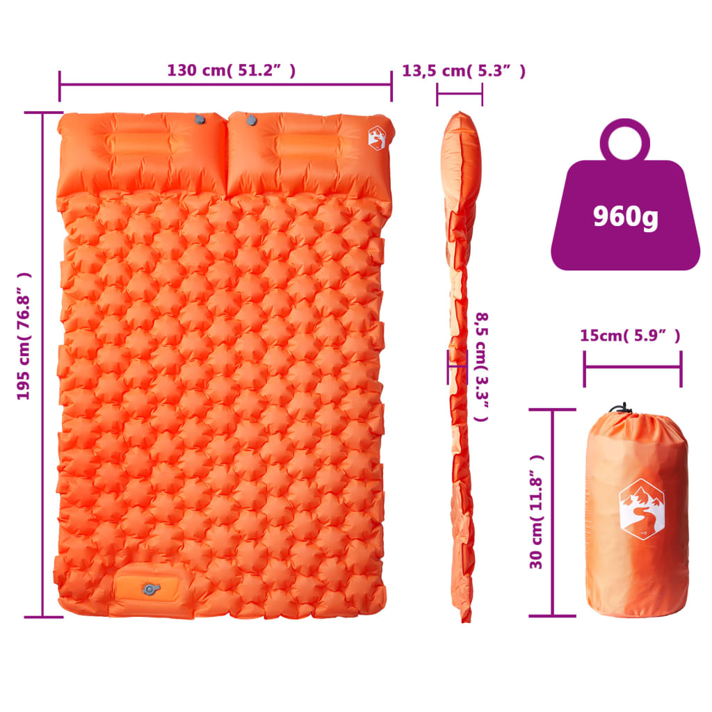 Self Inflating Camping Mattress with Pillows 2-Person Orange