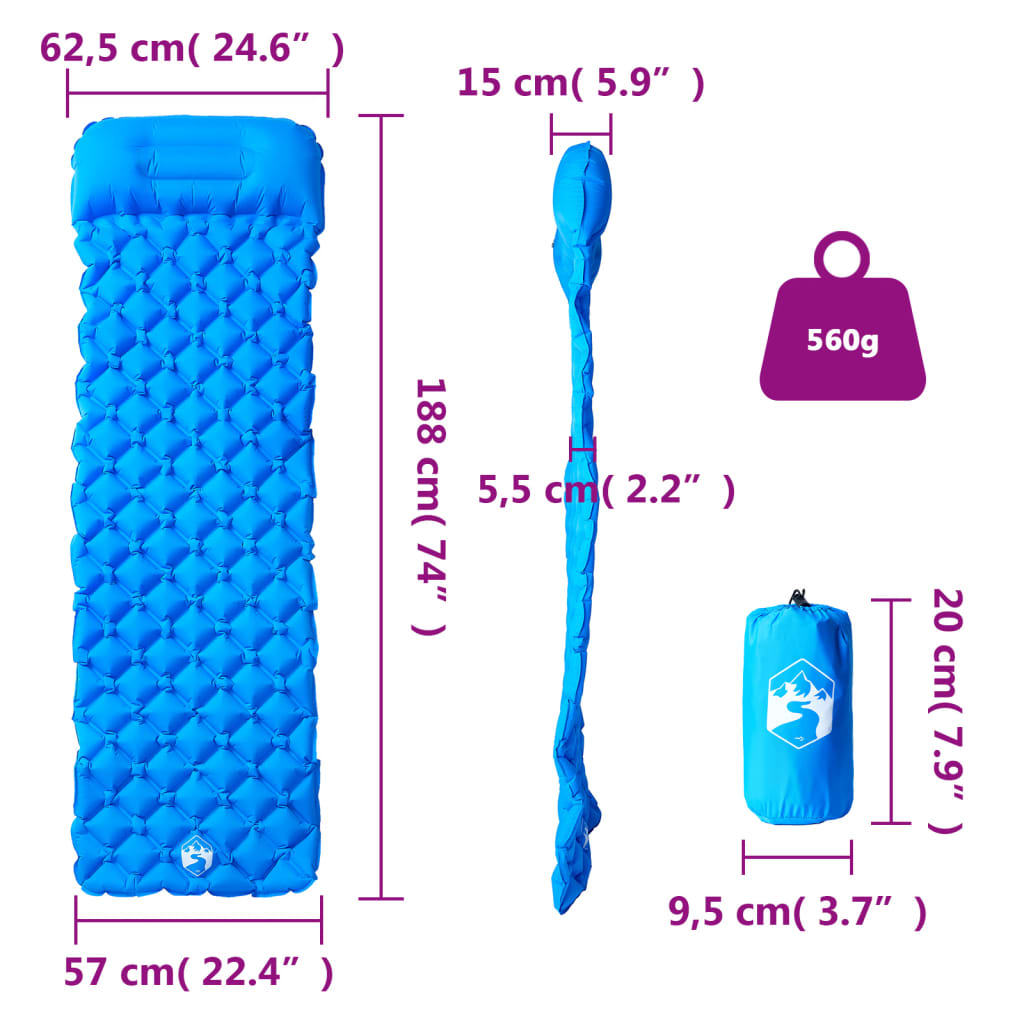 Inflating Camping Mattress with Pillow 1-Person Blue