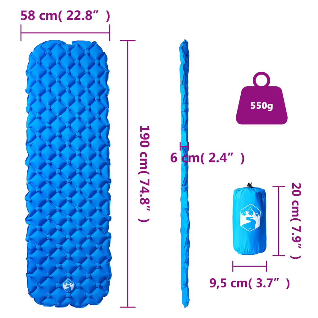 Inflating Camping Mattress 1-Person Blue 190x58x6 cm