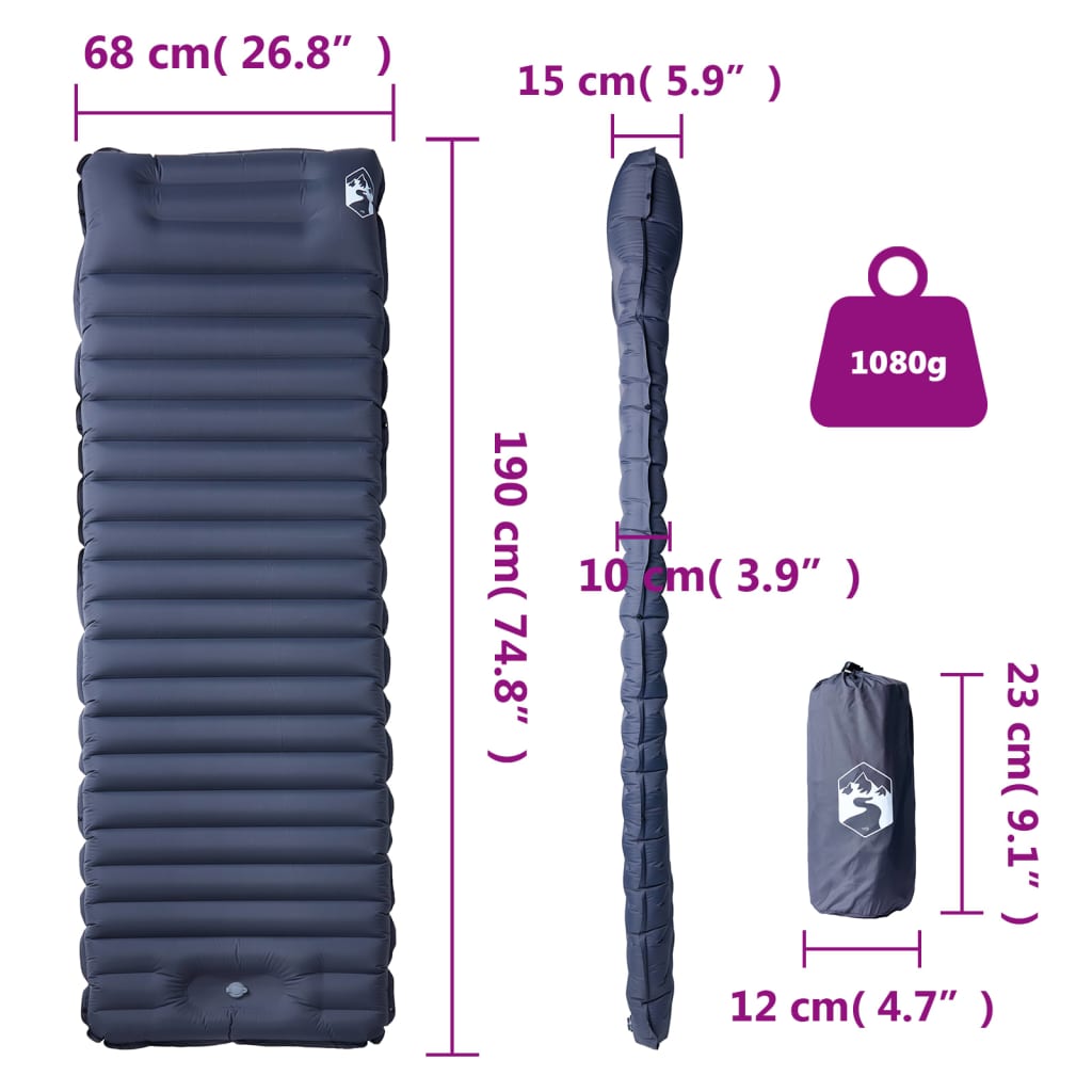 Self Inflating Camping Mattress with Pillow 1-Person Grey