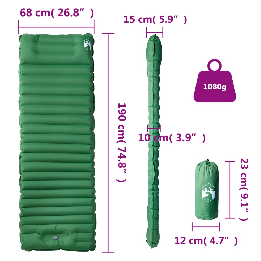 Self Inflating Camping Mattress with Pillow 1-Person Green