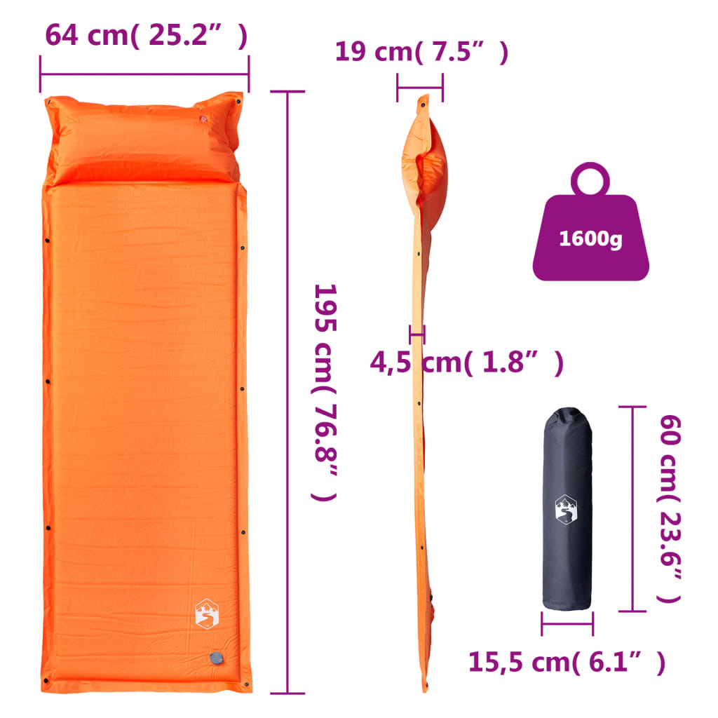 Self Inflating Camping Mattress with Pillow 1-Person Orange