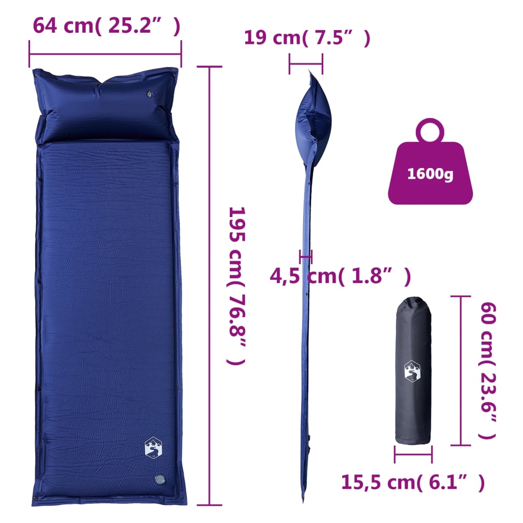 Self Inflating Camping Mattress with Pillow 1-Person Navy Blue