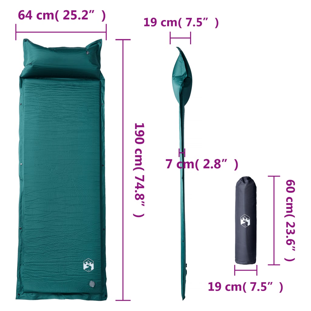 Self Inflating Camping Mattress with Pillow 1-Person Green