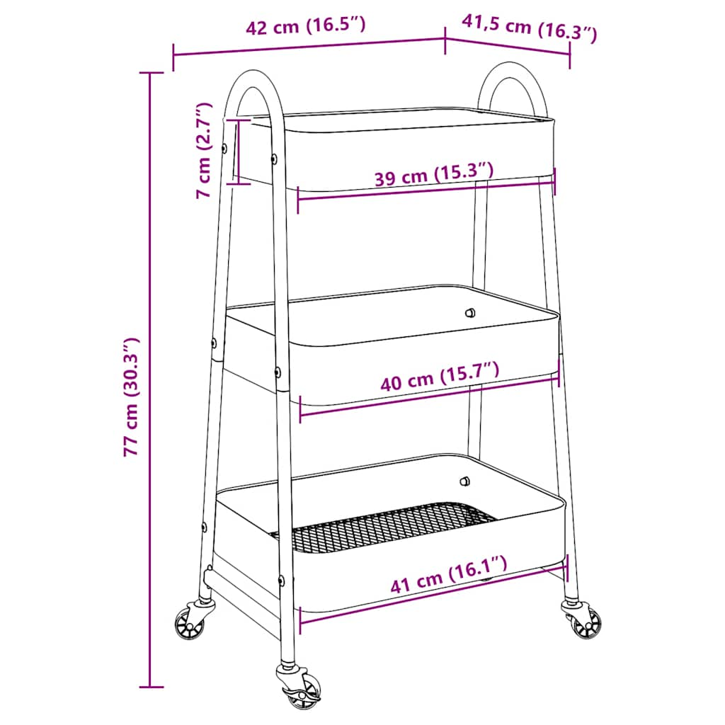 Storage Trolley 3-Tier Black 42x41.5x77 cm Steel