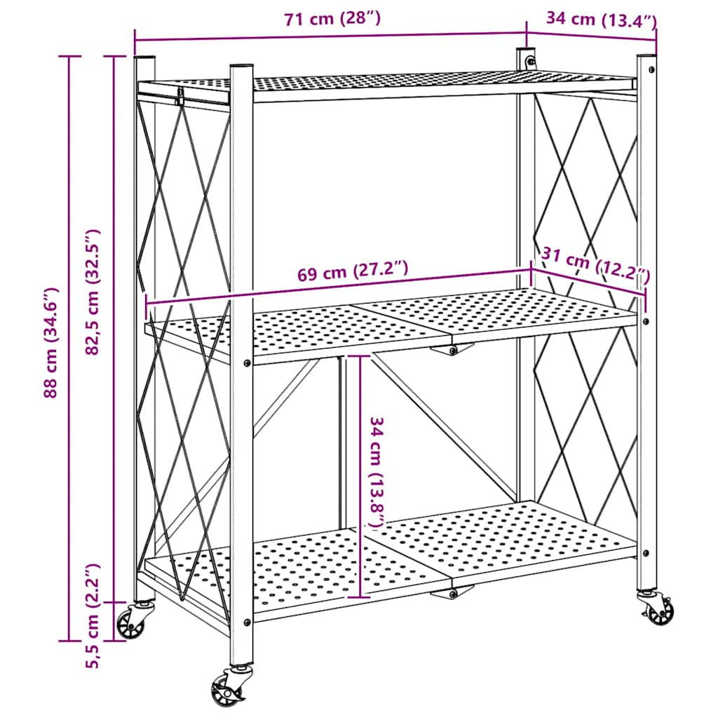 Storage Shelf on Wheels Black 71x34x88 cm Steel