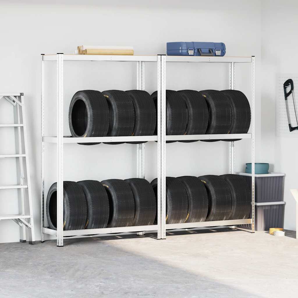 2-Layer Tyre Shelves 2 pcs Silver 110x40x180 cm Steel&Engineered Wood