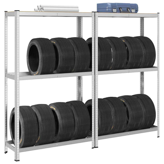 2-Layer Tyre Shelves 2 pcs Silver 110x40x180 cm Steel&Engineered Wood