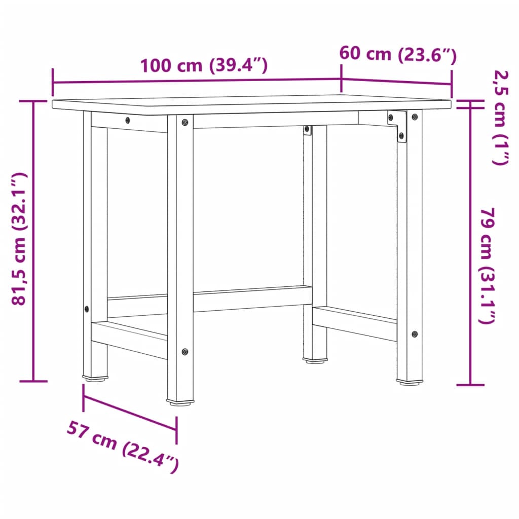 Workbench Dark Brown 100x60x81.5 cm Solid Wood Oak Rectangular